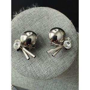 Astee Abstract Earring Tubular Rivoli Abstract Clip On Brutalist Silver Tone